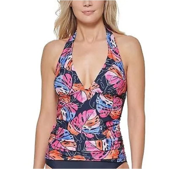 Tommy Hilfiger Printed Halter Tankini Top Monstera Leaf Sky Captain Medium nwt - Picture 1 of 3